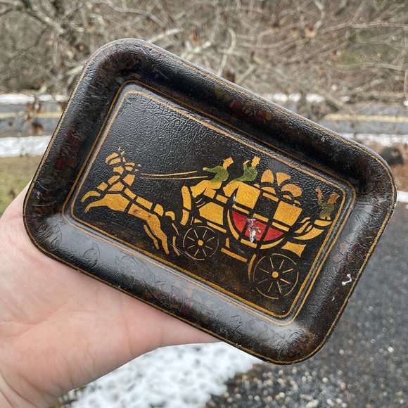 Vintage Hand Painted Toleware Rectangular Diminutive Tray Tip Snack Black Gold - Picture 9 of 16